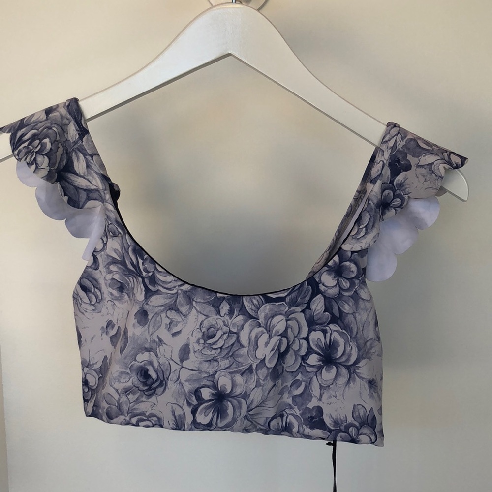BeachRiot sports bra with beautiful blue floral watercolor design.